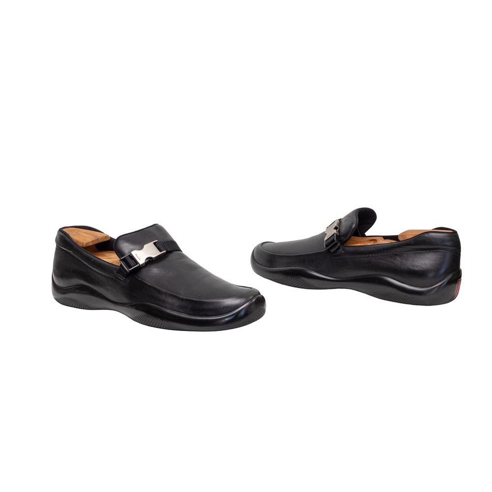 Vintage Prada Sport Black Leather Buckle Detail Loafers Black UK 10.5 US 11.5